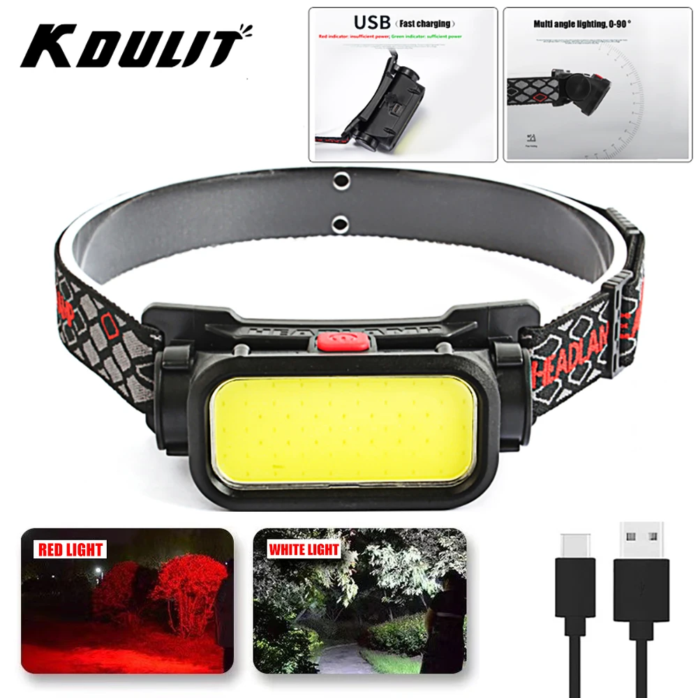 

KDULIT Portable Powerful Headlamp LED COB With red light Torch USB Rechargeable Headlight Built-in Battery Waterproof Headlamps