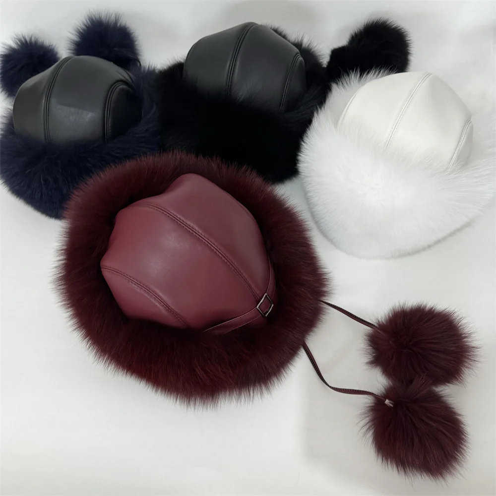 

2026 New Style Winter Russian 100% Natural Real Fox Fur Hat Women Quality Real Fox Fur Bomber Hats Hot Real Genuine Fox Fur Caps