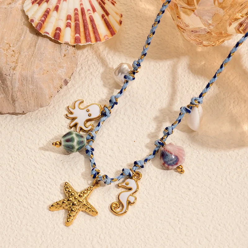 

Bohemian Vacation Ocean Series Handmade Woven Necklace, Decorated with Starfish, Octopus, and Seahorse, Vacation Jewelry Gift