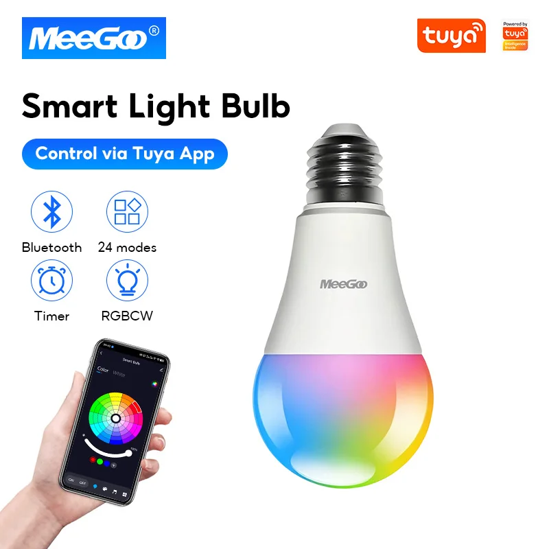 

MeeGoo Tuya E27/E26 Bulb Bluetooth/WIFI, Dimmable Light LED lamp 2700-6500k RGB, Smart Life APP, Voice with color matching smart