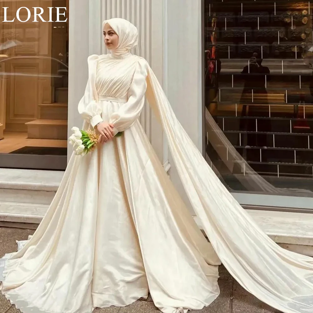 LORIE Elegant Ivory ซาตินชุดแต่งงานคอสูง A-Line แขนยาวเจียมเนื้อเจียมตัวเจ้าสาวชุดราตรีมุสลิมชุดเจ้าสาวที่กําหนดเอง