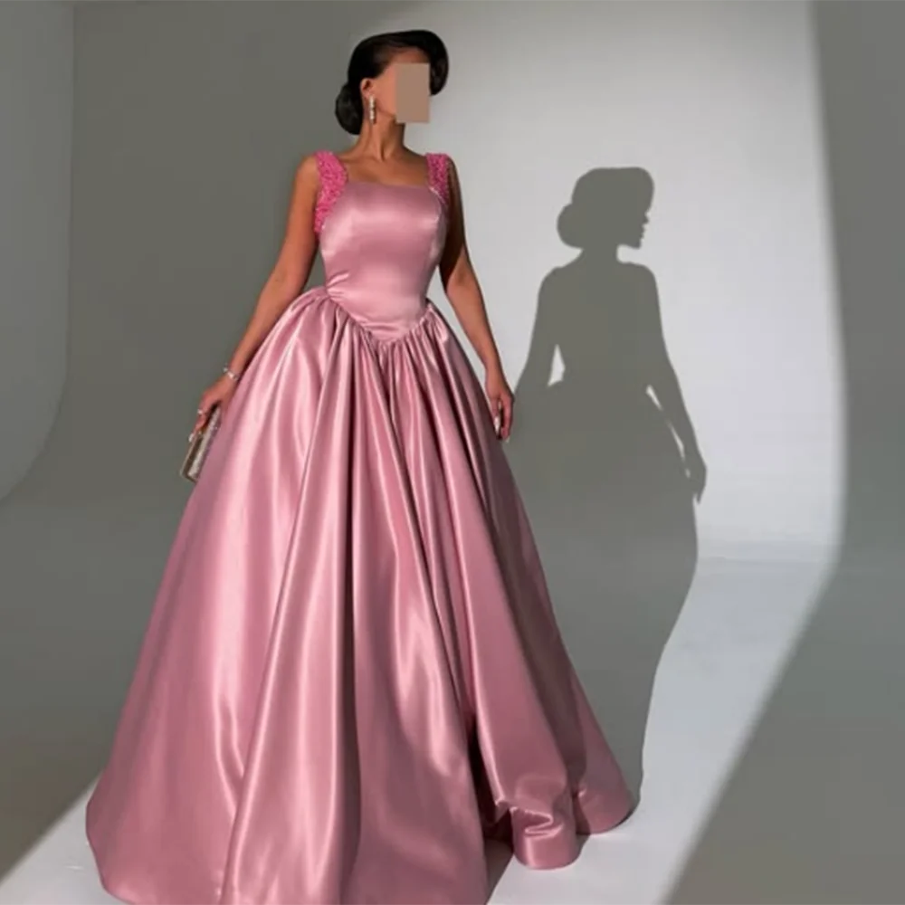

Customized square collar A-Line Prom Gown Draped Backless Sleeveless Floor-Length Party Dress Simple Long Satin Evening Dress