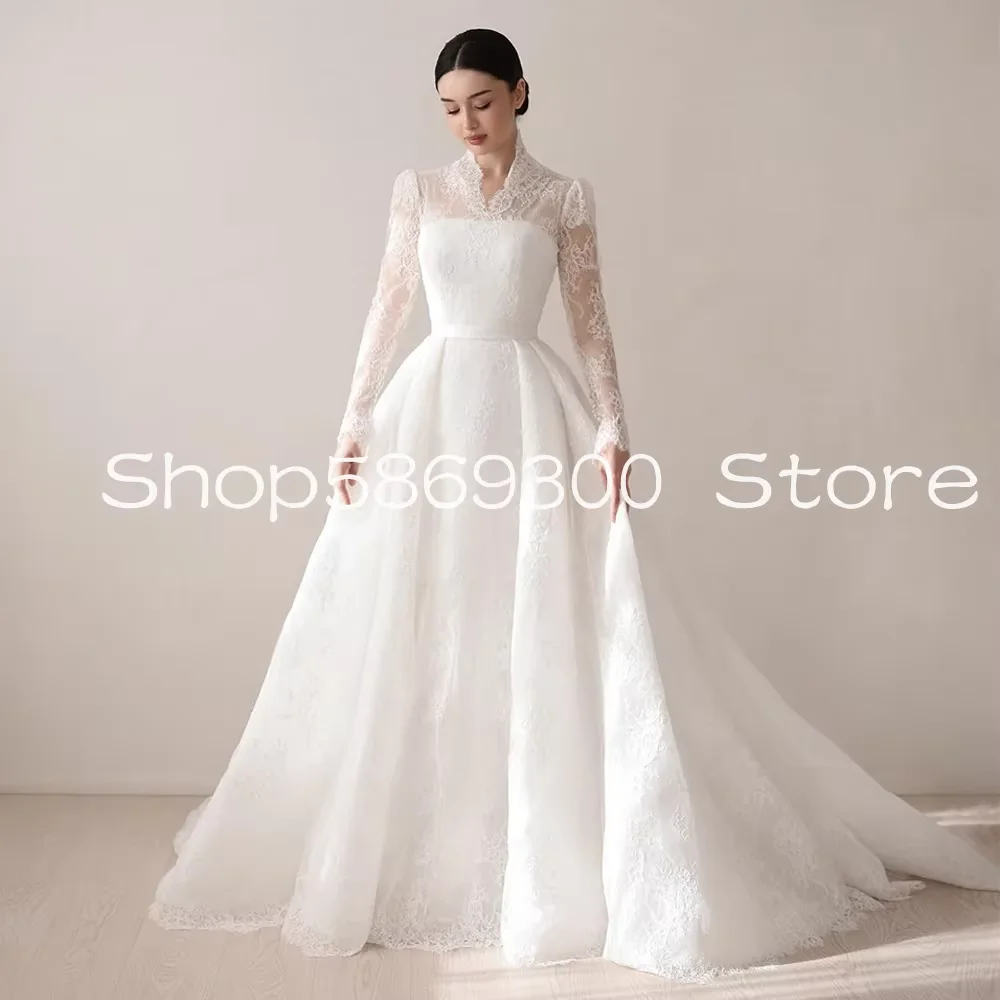Lace Wedding Dress Customized V Neck Full Sleeves A Line Saudi Arab Bridal Gown Sweep Train Arabian Bride garment Dresses