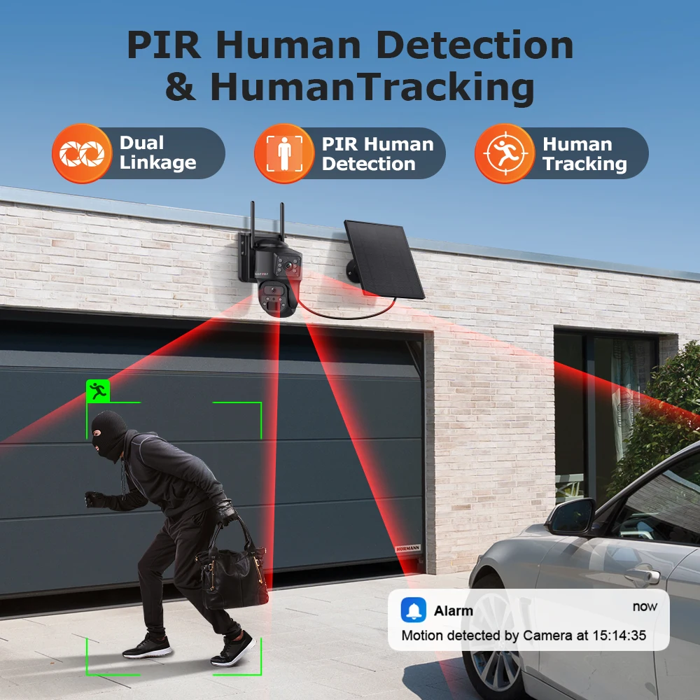 AOV Solar Camera SECTEC 24/7 Recording Lower Energy Consumption PIR Detection+Human Detection AI Designated Area Detection IP65