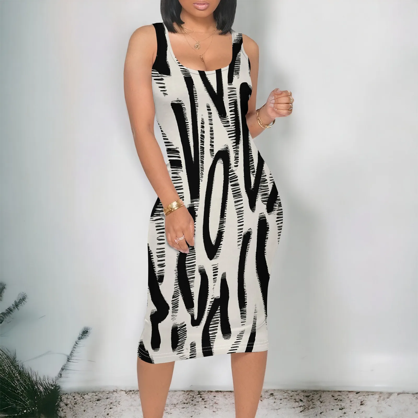 

Abstract Print Bodycon Midi Dress S-3XL Sleeveless Round Neck Slim Fit Style for Clubwear & Summer Party