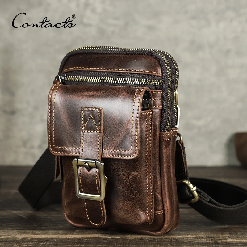 CONTACT\'S 100% Vegetable Cow Leather Men Crossbody Bag Vintage Shoulder Bag for Male Multifunctional Phone Bags Quality Bolsa