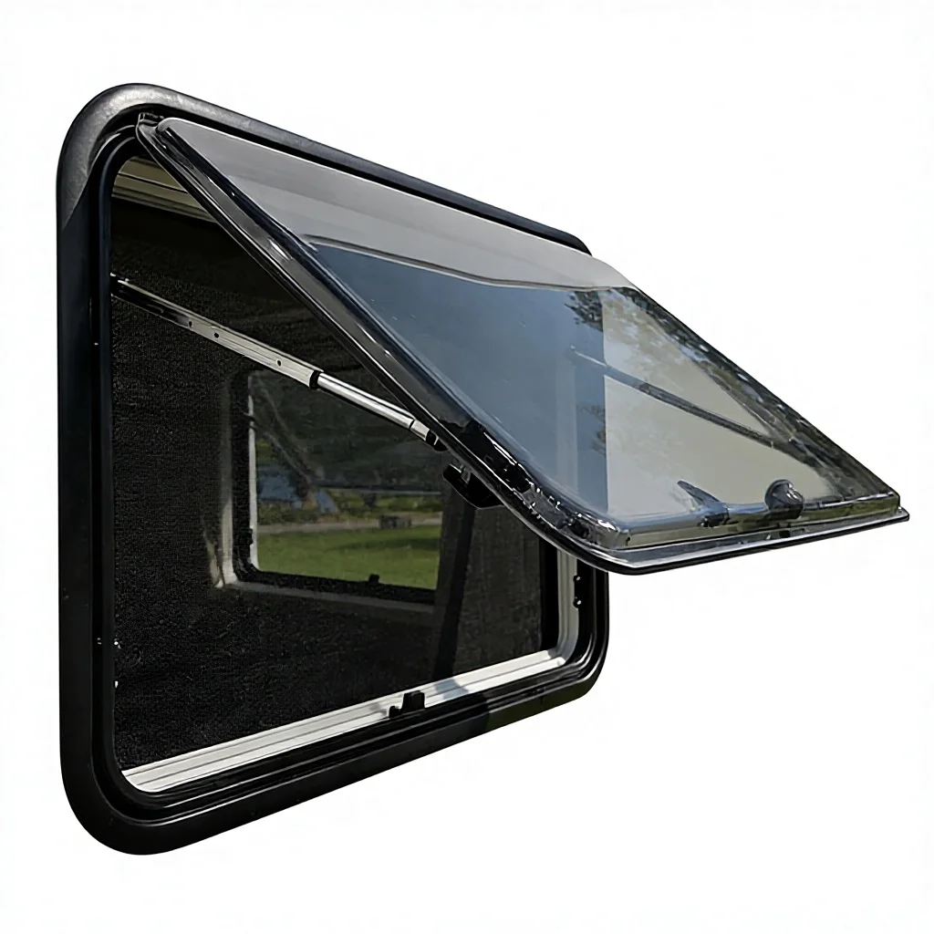 

500*450mm Radius Corner RV Travel Trailer Camper Side Window with Curtain and Mosquito Net for Replacement Custom Sizes