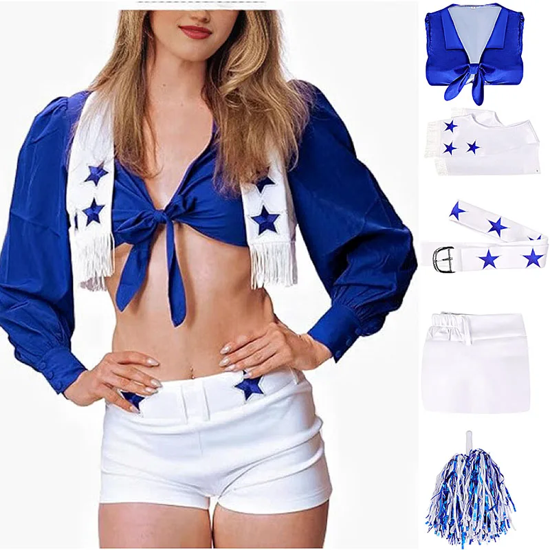 

Dallas Cowboys Cheerleader Costume Women Adult Star Cheerleading Sports Uniform Sexy Top And Shorts Set Halloween Fancy Costume