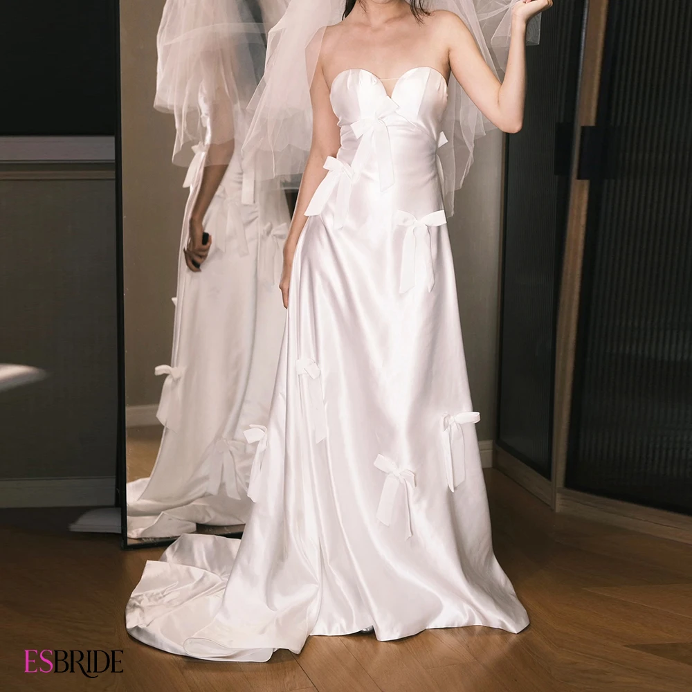

ESBRIDE Bridal Tube Top Wedding Dress New Silk Satin Bow Veil Trailing Dress Sweetheart Formal Birthday Party Dresses Customizd