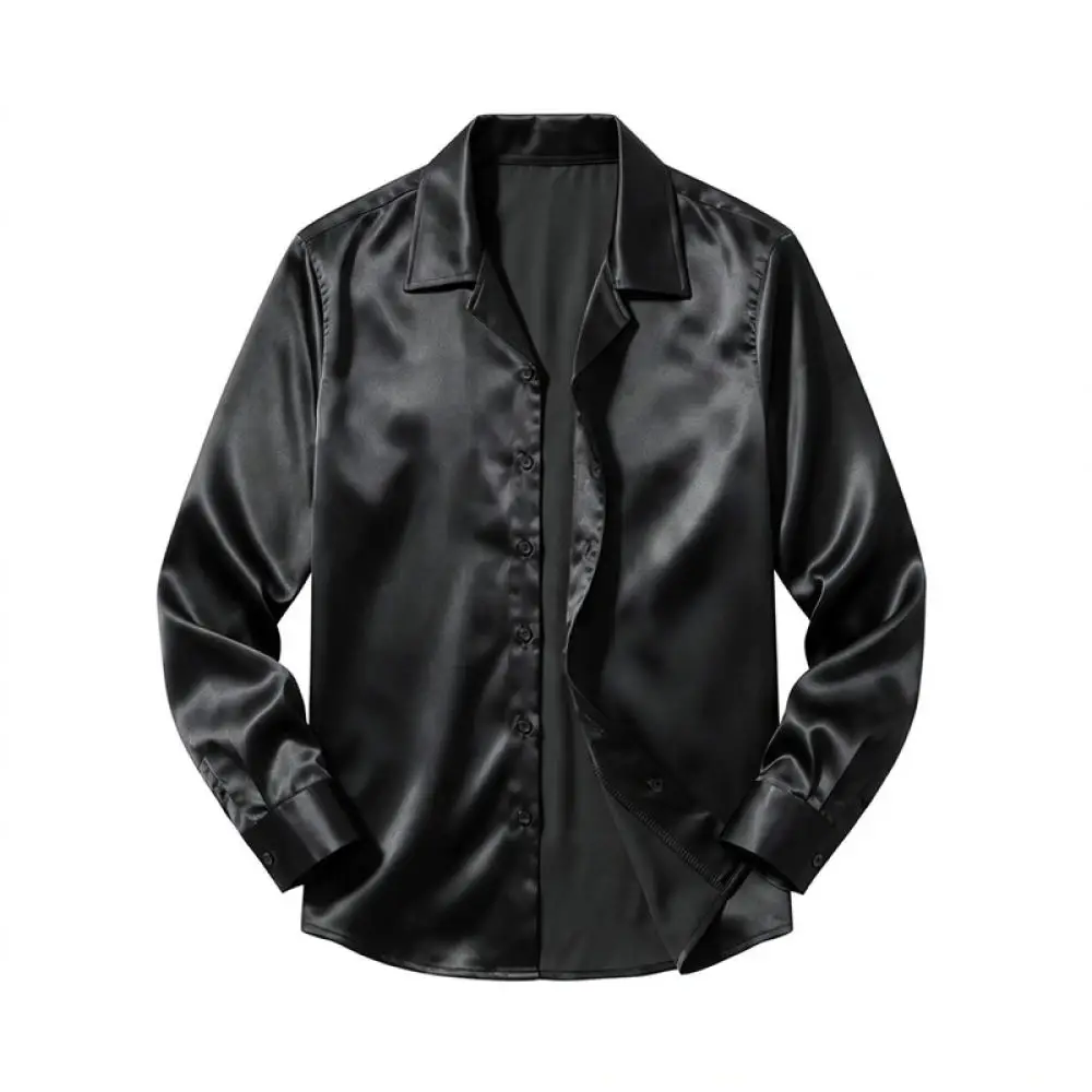 Luxury Mens Satin Shirt Cuban Collar Long Sleeve Lightweight Soft Breathable Quick Dry Business Formal Casual Top