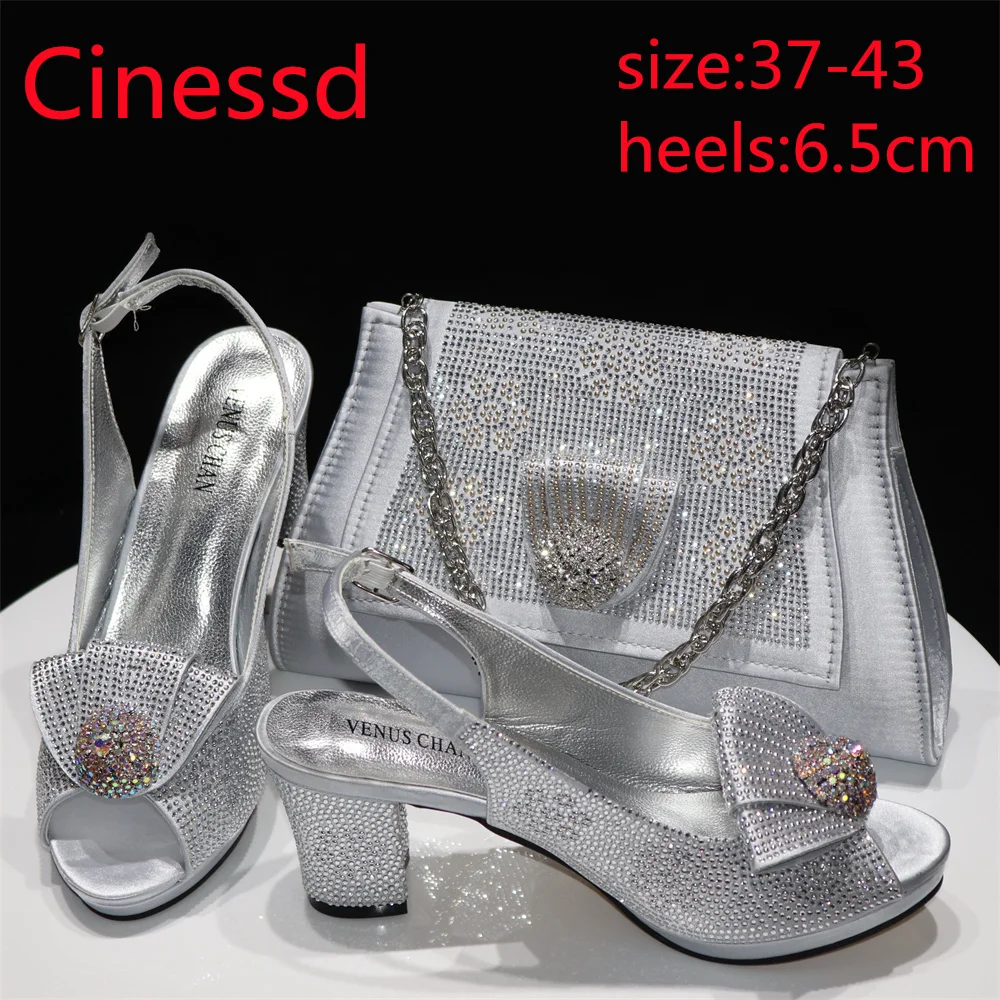 

Wedding Newest Design Face Book Hot Sale Silver Color Decorate with Rhinestone African Shoes and Bag for Garden Party