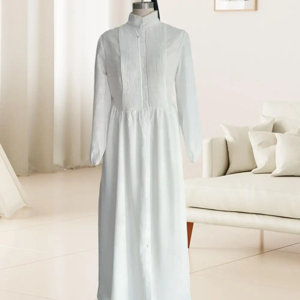 French Style Women Dress Stand Collar Long Sleeve Buttons Down Maxi Dress Pleated Flowy Hem Elegant Single Breasted Long Dress - view 5
