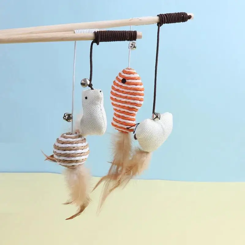 2026 forma de mouse de madeira gato provocando haste pena sino pet gato interativo jogar vara gatinho treinamento brinquedo engraçado