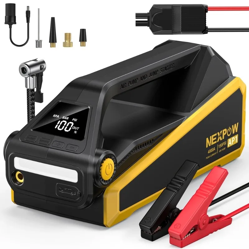 

NEXPOW 4000A Car Battery Jump Starter with 150 PSI Air Compressor, 12V Jump Box with Jumper Cables(All Gas/ 10.0L Diesel)