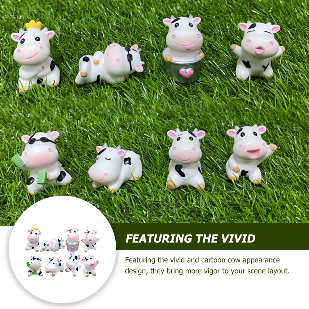 8 Pcs Ornaments Dairy Cow Figurines Small Garden Crafts Tiny Miniature Animal Statues Decor Resin Lovely