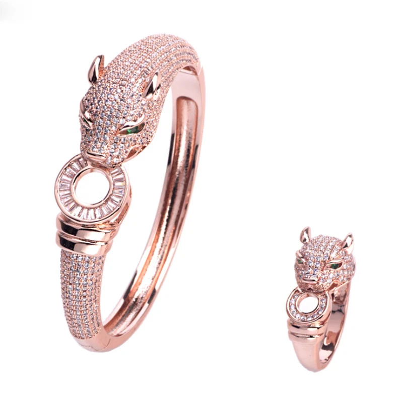 Bobokiki Jewelry Fashion Leopard Titanium Steel Micro-Inlaid AAA Zircon Luxury Retro Bracelet Ring Set