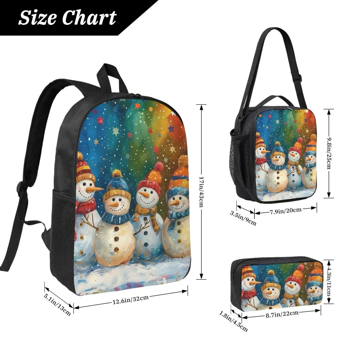 Cartoon Snowman In The Snow Backpack Boys Girls BookBag School Bag Laptop Shoulder Bags 3ps Insulated Lunch Bag Pencil Case