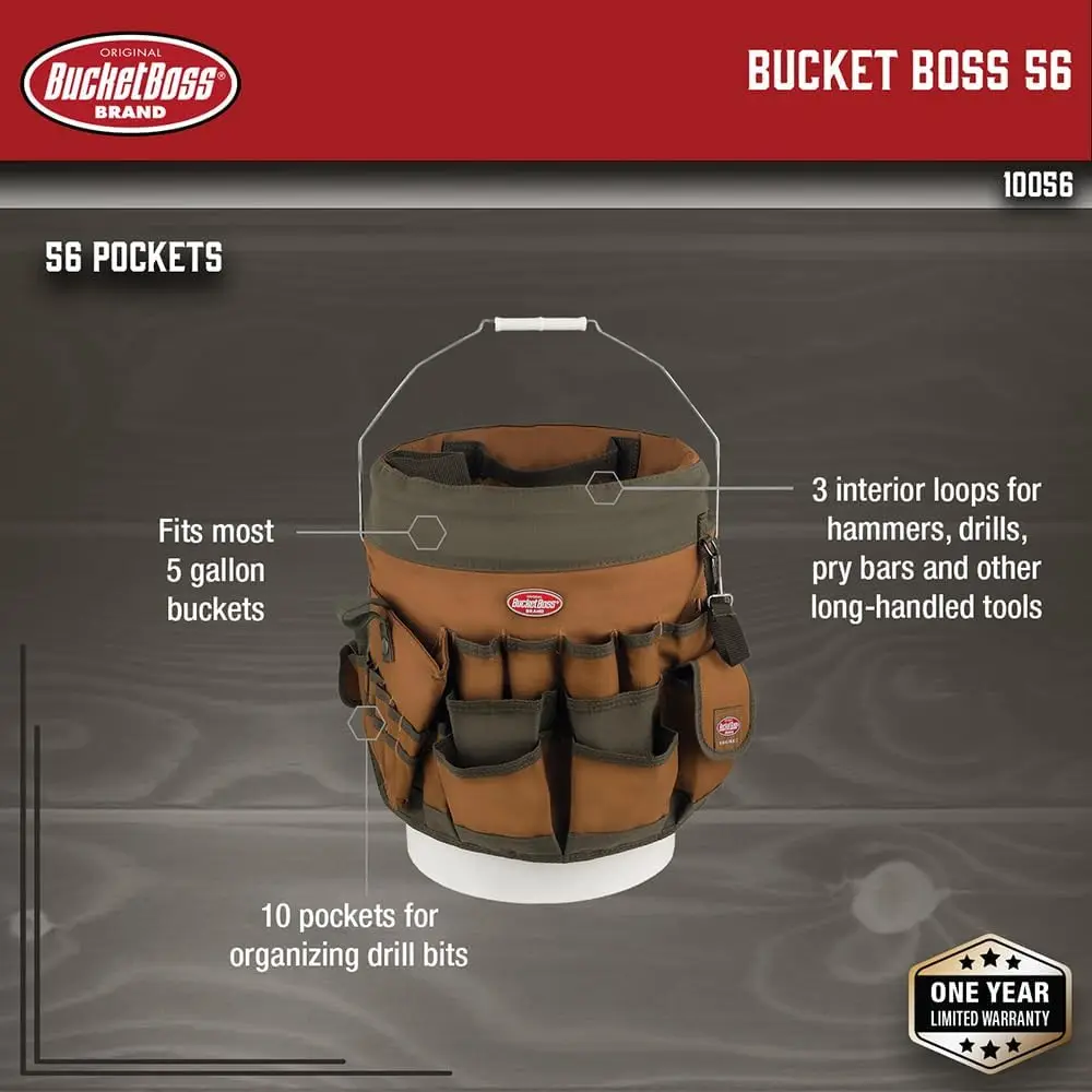 BucketBoss 10056 Bucket Boss 5 Gallon Bucket Canvas Tool Holder and Organizer with 56 Pockets for Bucket Organization in Brown