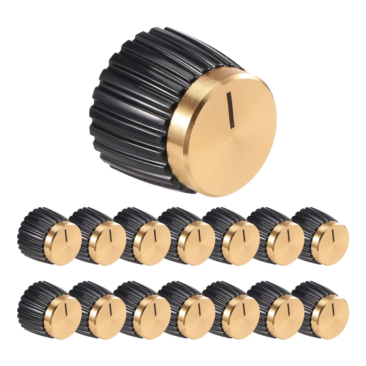 15 Stück Gitarren-Verstärker-Push-on-Fit-Knöpfe, schwarz mit goldener Aluminiumkappe oben, passend für Töpfe mit 6 mm Durchmesser, Marshall-Verstärker