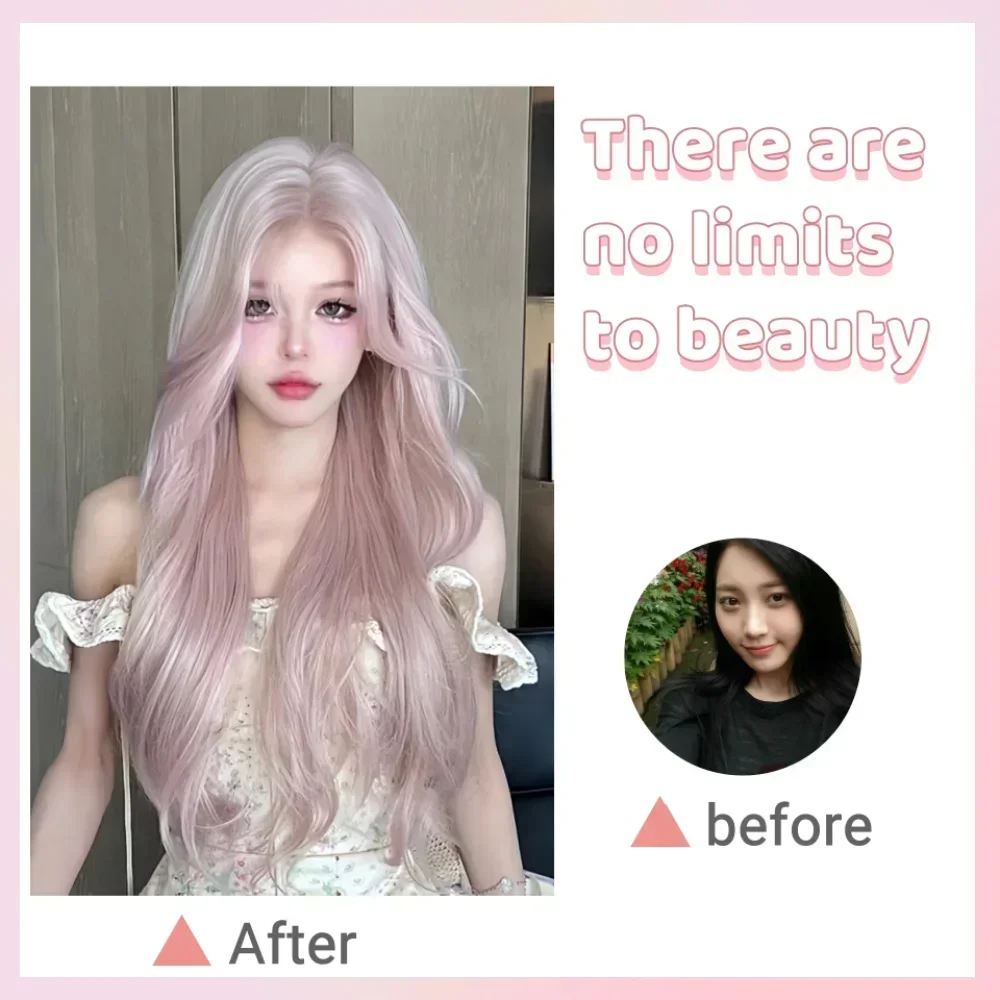 Wig merah muda untuk wanita Wig Cosplay berombak panjang Wig sintetis manis lembut alami untuk penggunaan sehari-hari pesta Cosplay