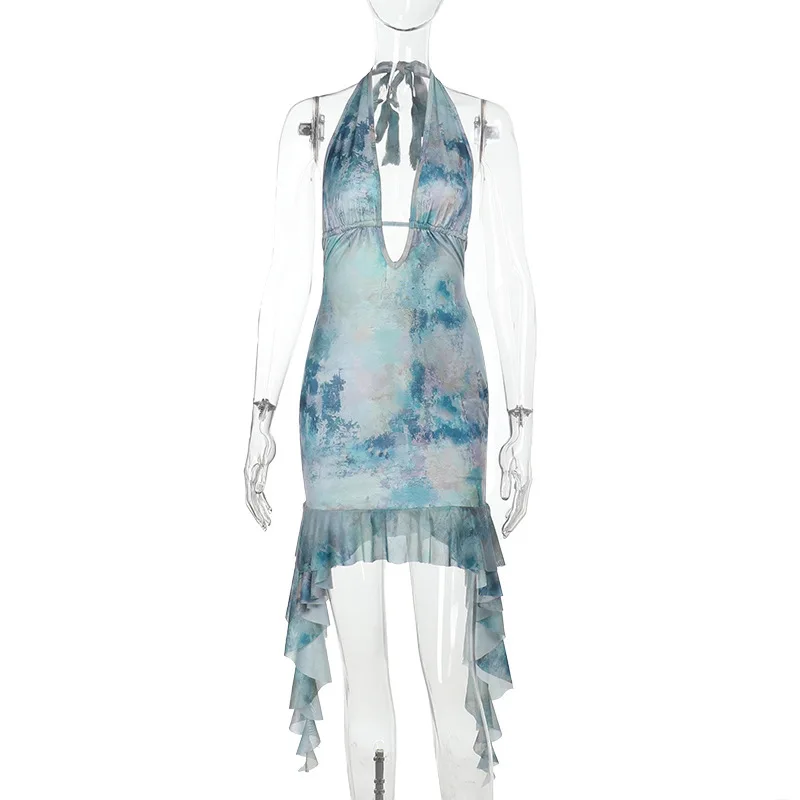 European and American Style Deep V Hollow Lotus Leaf Edge Neck Dress 2025 Summer New Spice Girl Vacation Skirt Cw83854