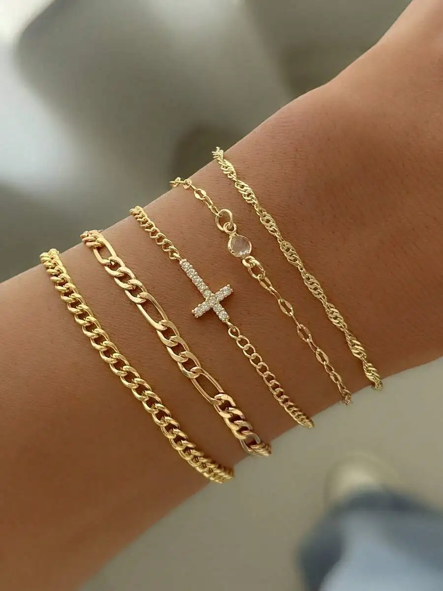 5pcs High-Quality Cubic Zirconia Cross Decorated Multilayer Bracelet, Suitable For Women's Parties, Gatherings, Daily Wear, Holidays, And Gifts