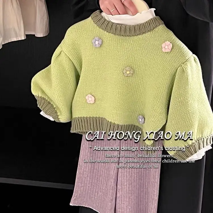 

Childrens Sets Korean Clothing Girls Autumn Season New Fashion Contrasting Colors Knitting Sweater Round Collar Sweet