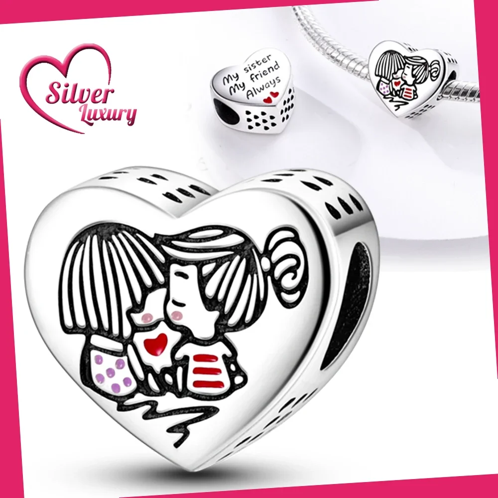 شقيقة جيدة على شكل قلب الخرز 925 فضة الخرز الأصلي صالح الأصلي 925 سحر خرز سوار مجوهرات هدايا للنساء
