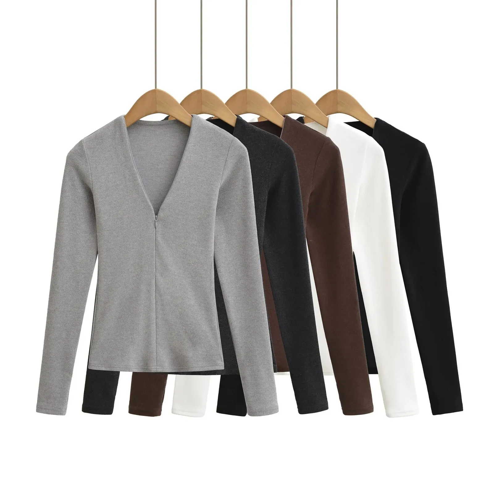 Sexy deep V-neck zippered long-sleeve base shirt for autumn and winter thickened slim-fit accentuating the waistline YZWN