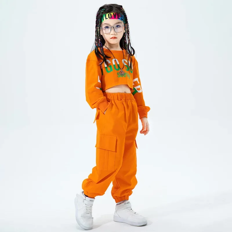 3-16 Years Kids Kpop Hip Hop Clothing Orange Crop Sweatshirt Joggers Pants Girls Jazz Dance Costume Children Streetwear Outfits
