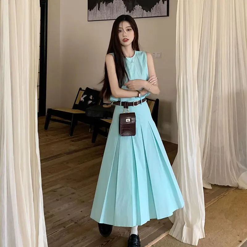 Suit Sleeveless Short Vest + High Waist Slim A Line Pleated SkirtGreen Color Korean Fashion Two Piece Skirt Sets Niche Design