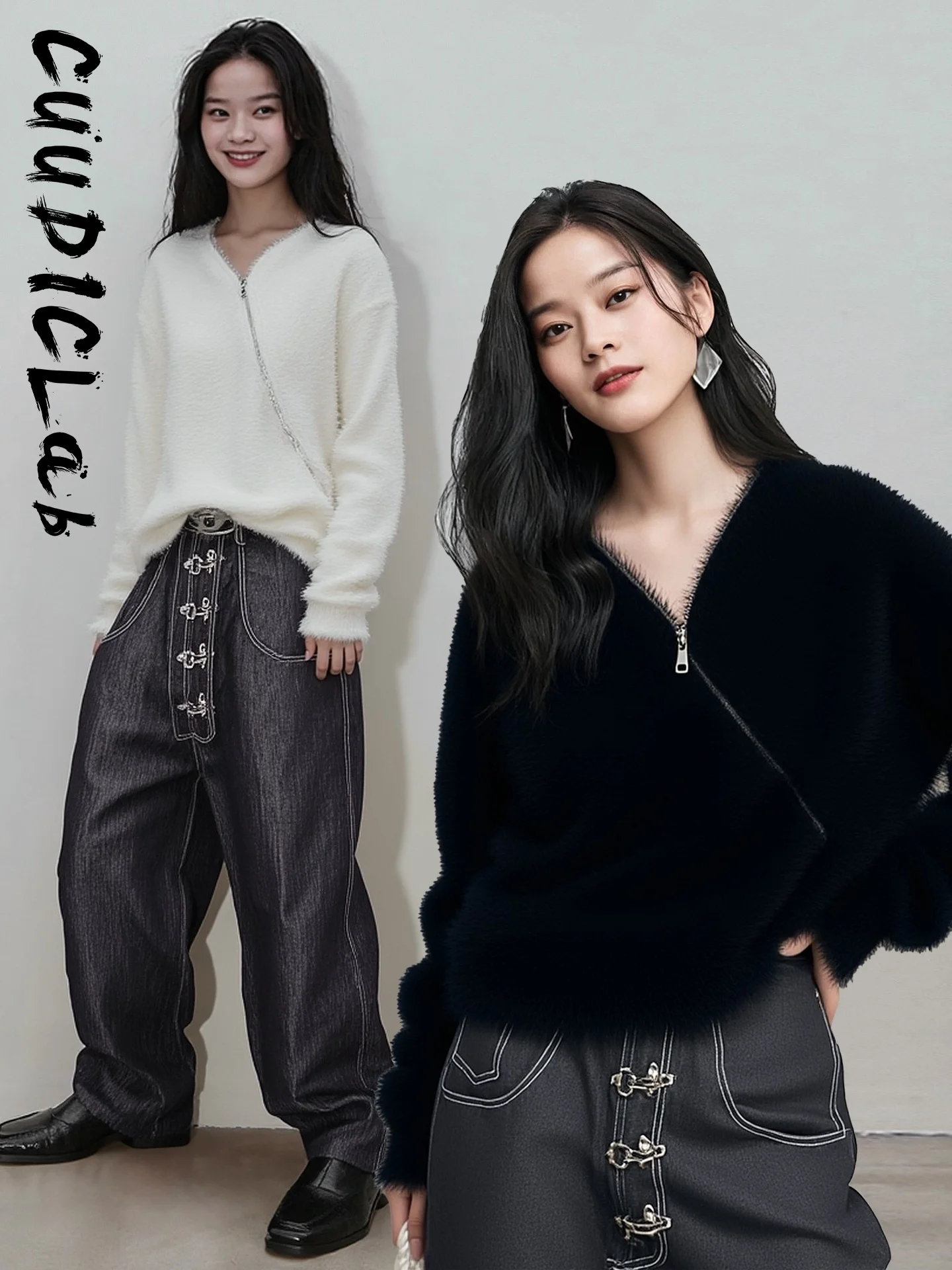 

k Sle Villain V-Ne Sweater Women's Zipper Design Knitted Top Lazy Sle Polyester Fiber Long Sve Warmth Youth