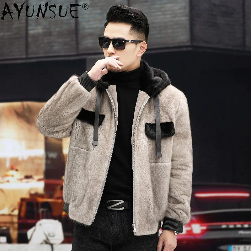 AYUNSUE Mink Real Fur Coat 2022 Hooded Short Mink Fur Coats Mens Fur Jacket Coat Winter Luxury Fur Jackets Warm ClothesSGG877