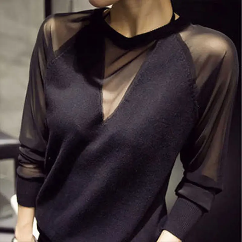 

Sexy Gauze Spliced Sheer Pullovers Casual Round Neck Female Clothing Commute Stylish Spring Autumn Solid Color All-match T-shirt