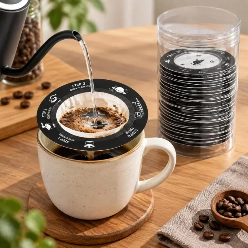 E8BD Disc-Style Hanging-Ear Coffee Filters, Suspended Paper Chamber Holds Ground Coffee Above the Cup for Manual Steeping