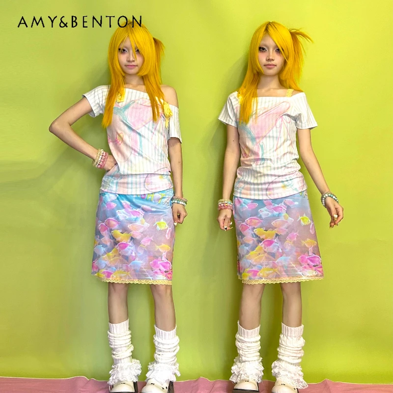 

2025 Summer Small Fish Print Lace Splicing Women's Short Skirt Original Design Retro Sweet Cool Cute Mini A-line Skirts Ladies