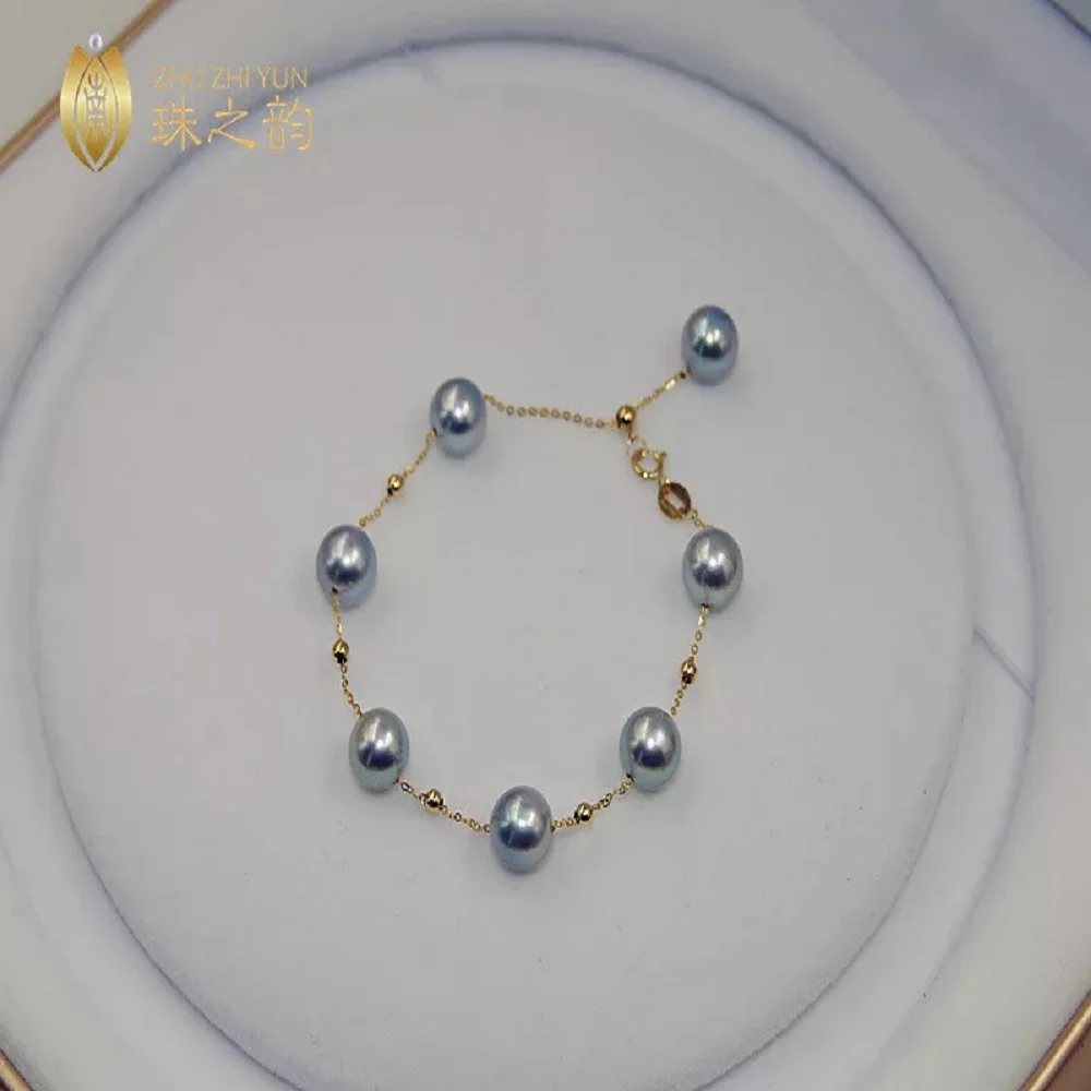 Charming Pearl Bracelet AAA++8-7mm Natural Akoya Grey Round Pearl Bracelet 18k/AU750 7.5-8inch