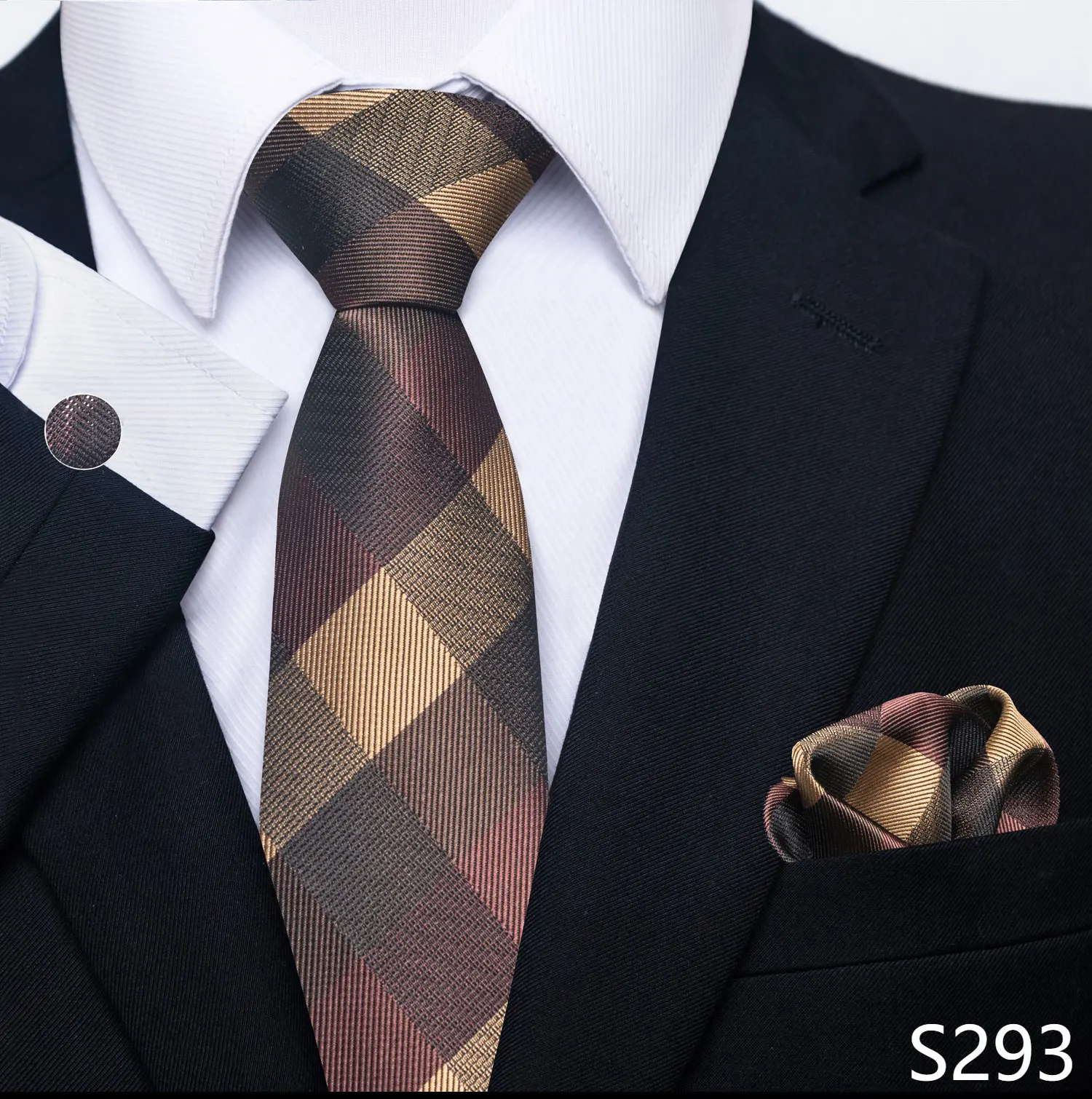 Marke Classic 8 cm graue karierte Krawatte Einstecktücher Manschettenknöpfe Set Hochzeitsgeschenk Krawatte Kleidung Accessoires Fit Business – Detail 18