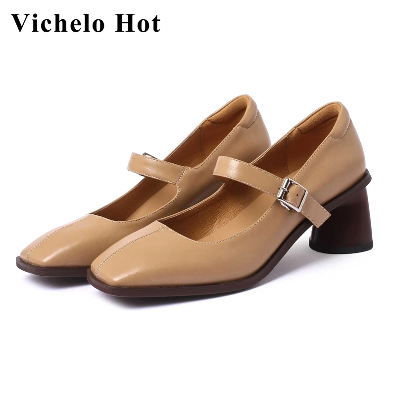 

Vichelo Hot sheep split leather square toe high heels simple style solid young lady dress buckle strap handmade women pumps L21