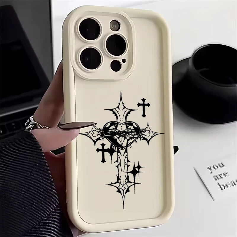 Luxury Black Cross Print Phone Case for iPhone 16 15 14 13 12 11 Pro Max Mini XR XS 7 8 Plus SE2 Shockproof Soft Funda Cover