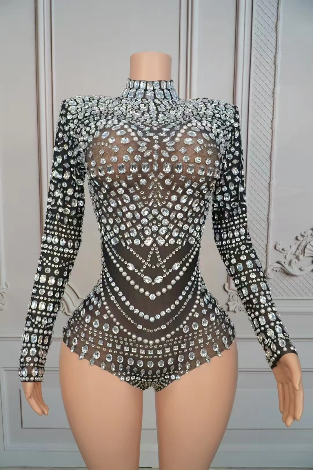 

Women Long sleeve black diamond bodysuitSkinny Jumpsuit Rhinestone Leotard Night ClubParty costume D212