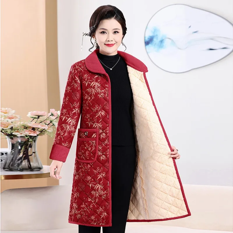Fleece Jacket For Women Floral Cotton Coat Middle-Aged And Elderly Mothers Thick Medium Length Winter Outerwear