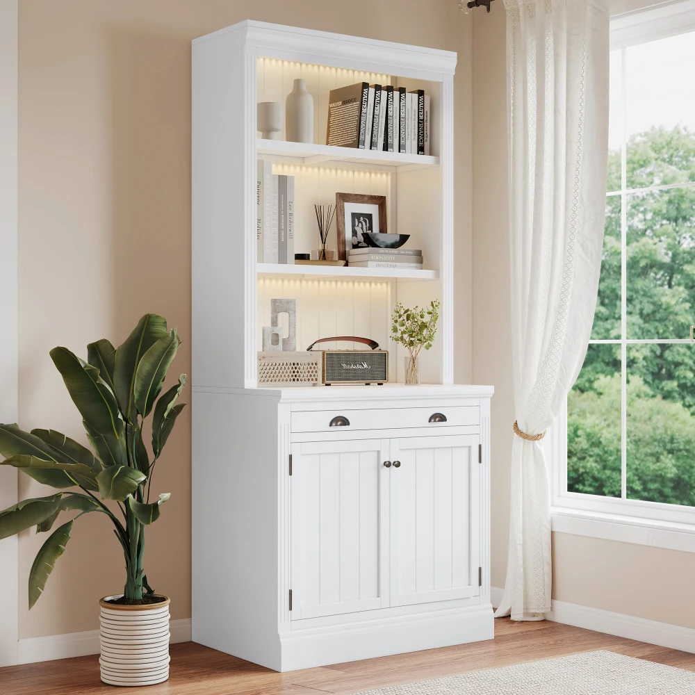 

"83.4"Tall Modern Bookshelf:3 LEDs,2 Doors&1 Drawer,Open Shelves for Living Rm/Home Office,White"