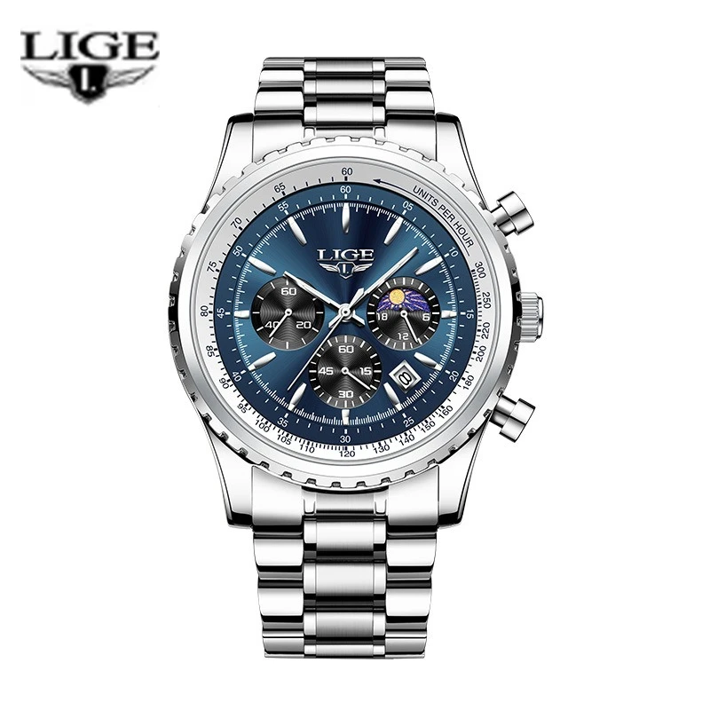LIGE Men Quartz Watch Chronograph Moon Phase Calendar Two‑tone Stainless Steel Band Waterproof Luxury Sports Male Wristwatch