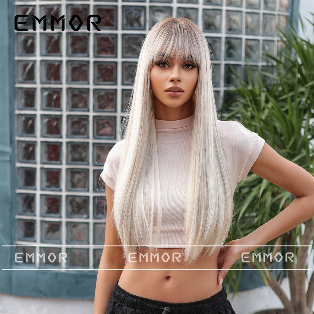 شعر مستعار بني شامبانيا، شعر أسود طويل مستقيم غطاء رأس كامل، شعر مستعار صناعي مع غرة، مناسب للنساء #2