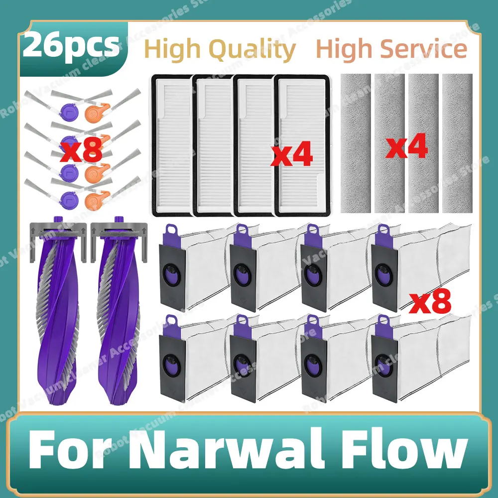 متوافق مع أجزاء تدفق ناروال، فرشاة جانبية رئيسية، فلتر Hepa، ممسحة قماش، ملحقات استبدال كيس الغبار
