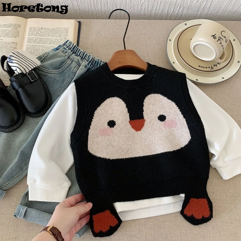 

Children's Cute Sweater Knitted Vest Boys Girls Autumn Korean Cartoon Print Tops New Round Neck Sleeveless Outerwear Pullover