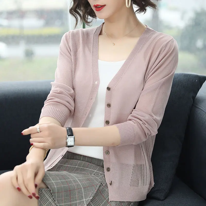 Women Knitted Cardigan Jacket Ice Silk Shawl Thin Long Sleeved Air-conditioned Shirt with Sun Protection Jacket for Simplicity