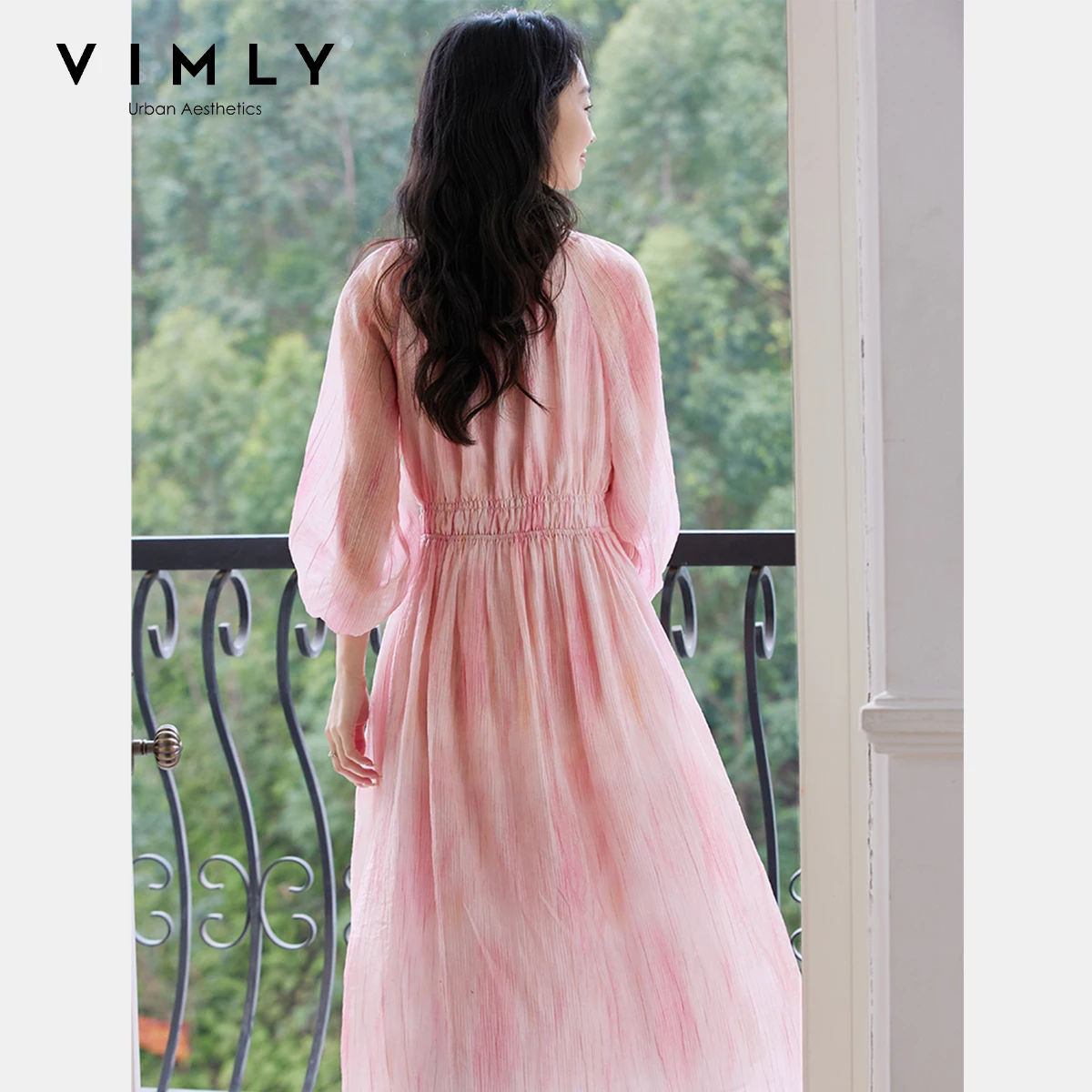 Women's Gradient Smudge Midi Dress - Puff Sleeve Draped Style