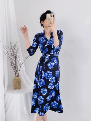 

PG DVF Wrap Dr Slim Fit Midi Dr Синий Цветочный Принт Воротник Bla Baund Busin Формальный Костюм Jaet Long Sve